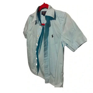 Boys Ralph Lauren, 10-12 blue short sleeves shirt with navy horse, worn twice